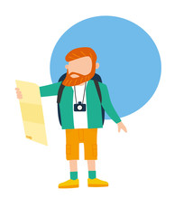 Tourist travel character with camera, tourists looking at map Vector illustration. Flat
