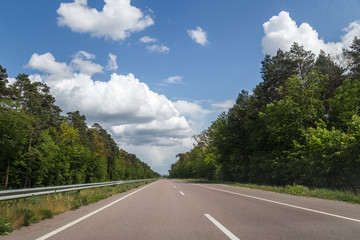 Fototapeta premium Open road landscape with trees in the forest during summer sunny day with clouds on the sky. Travel freedom symbol.