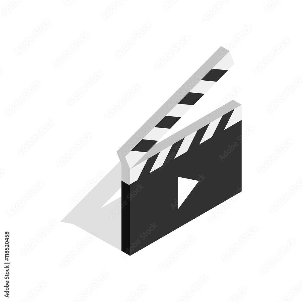 Poster clapperboard open with play button icon in isometric 3d style on a white background