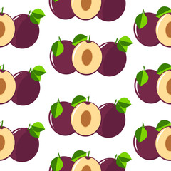 Plums seamless pattern. Colorful fruits on the white background