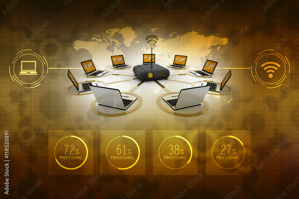 Poster 3d rendering transmitter wi-fi modem with laptop