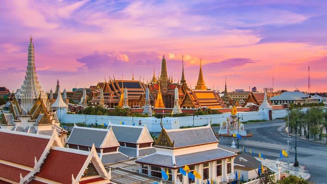 Wat Phra Kaeo Famous Landmark Temple Of The Emerald Buddha, Bangkok City, Thailand 4K Time Lapse (4 shots)