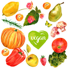 Vegan banner with watercolor food drawings, butterflies