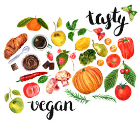 Set of watercolor foods with handwritten words 'tasty', ''vegan'