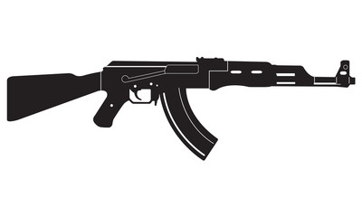 Submachine gun icon or sign isolated on white background. Kalashnikov or AK47 black silhouette. Vector illustration.