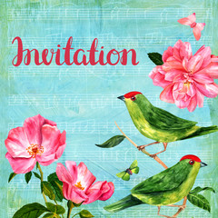 Invitation with birds, roses, butterflies, and faded sheet music