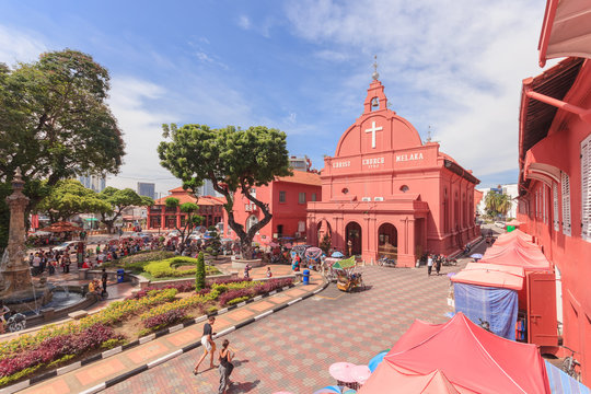 MALACCA, MALAYSIA - 12 AUGUST 2016: A view of Christ Church & Dutch Square on August 12, 2016 in Malacca, Malaysia. It was built in 1753 by Dutch.