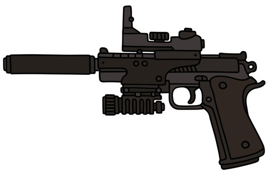 Hand drawing of a modern handgun with the optical device and silencer