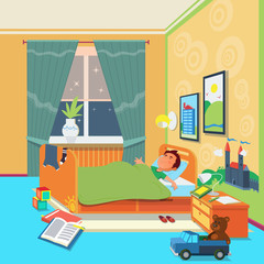 Boy sleep in children room vector illustration