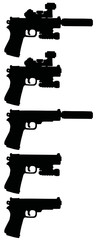 Hand drawing of five black pistols