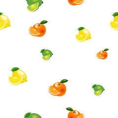 Seamless pattern with small lemon, orange, lime with slices. Fruit isolated on a white background