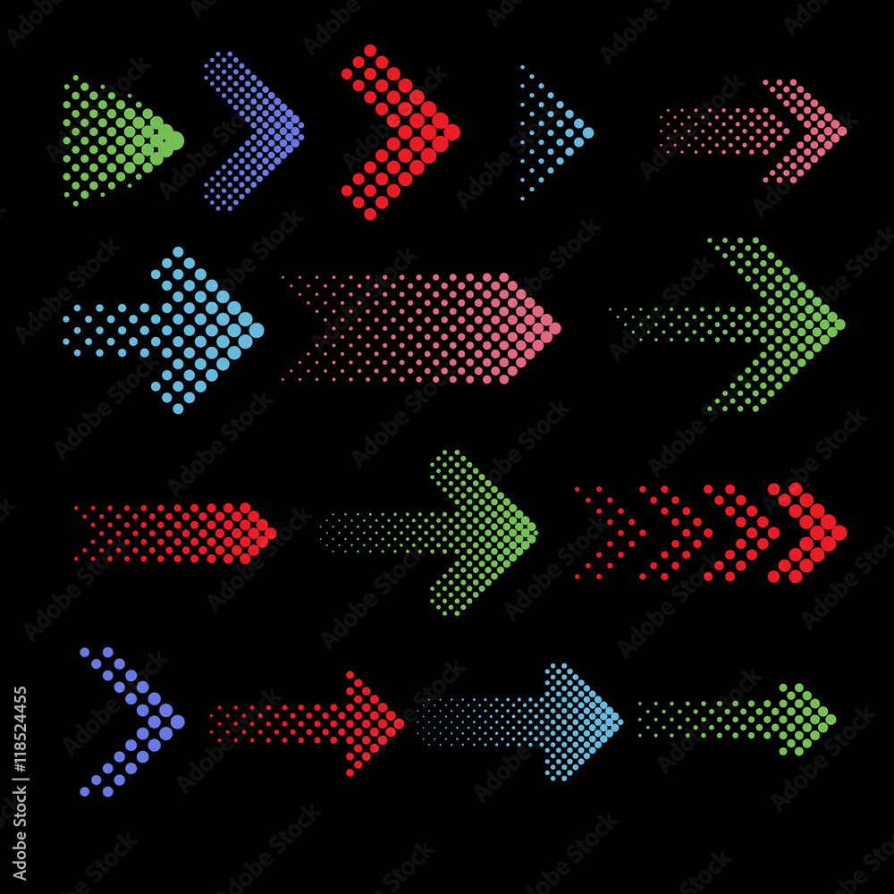 Poster color dotted arrow vector icons with halftone effect