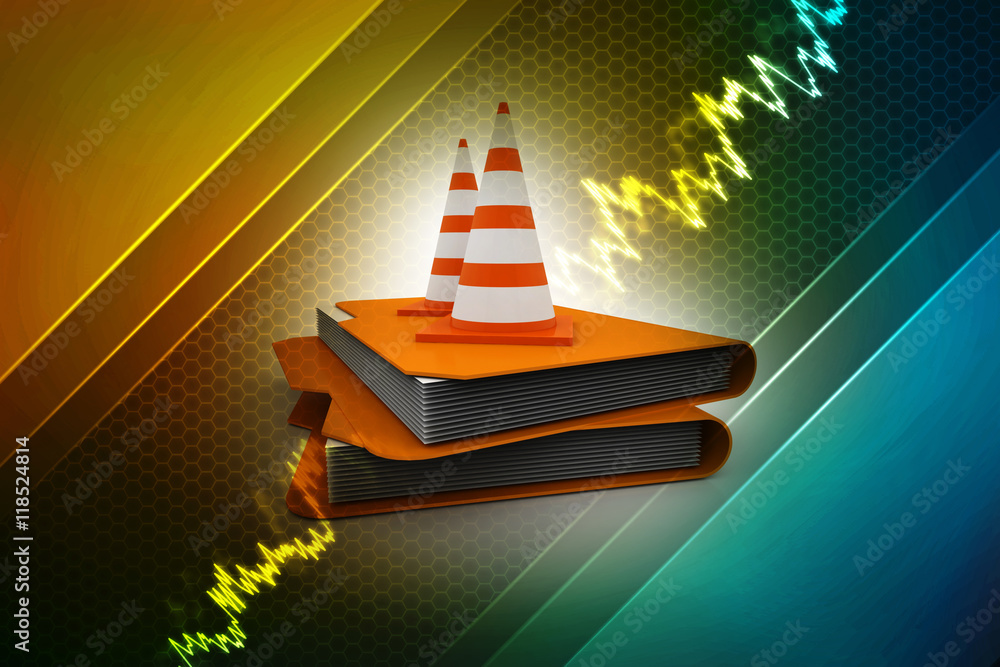 Poster 3d rendering folder icon with traffic cones