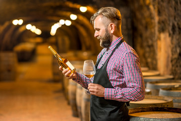 Handsome sommelier in apron and checkered shirt checking wine bottle in the old cellar. Maturing wine in oak barrels in underground natural cellar.