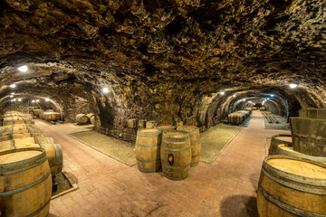 Old wine cellar with oak barrels in Hungary