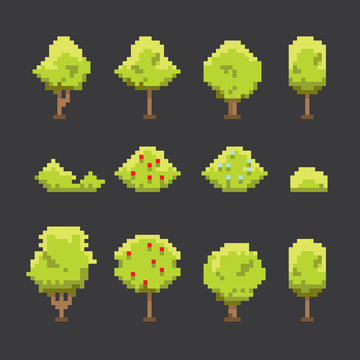 Pixel art trees collection isolated