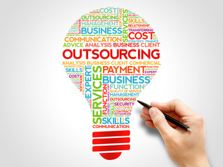 Outsourcing bulb word cloud collage, business concept background