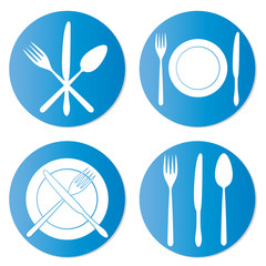 Fork, knife, spoon and dish icons isolated on white background. Cutlery set. Vector illustration.