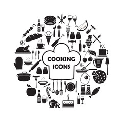 Food and kitchen tools icon set isolated on white background. Cooking template. Vector illustration.