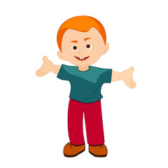 smiling boy with open arms, vector illustration, cartoon boy standing with outstretched arms, with friendly facial expression