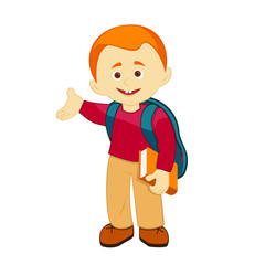 boy with a backpack and a book invites to school, vector illustration, student ready to go to school, teenager holding a book and smiling