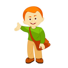 school-age boy with a bag over his shoulder, smiles, welcomes, vector illustration