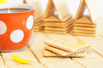 Sponge cake with honey. House crackers. Still crackers and a cup of black coffee. Red cup with white polka dots.