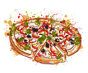 Italian pizza with splashes in watercolor style. Hand drawn vector illustration
