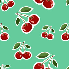Pattern of red big cherry stickers different sizes with leaves on turquoise background