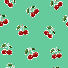 Pattern of red small cherry stickers same sizes with leaves on turquoise background