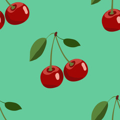 Pattern of big red cherry with leaves on turquoise background