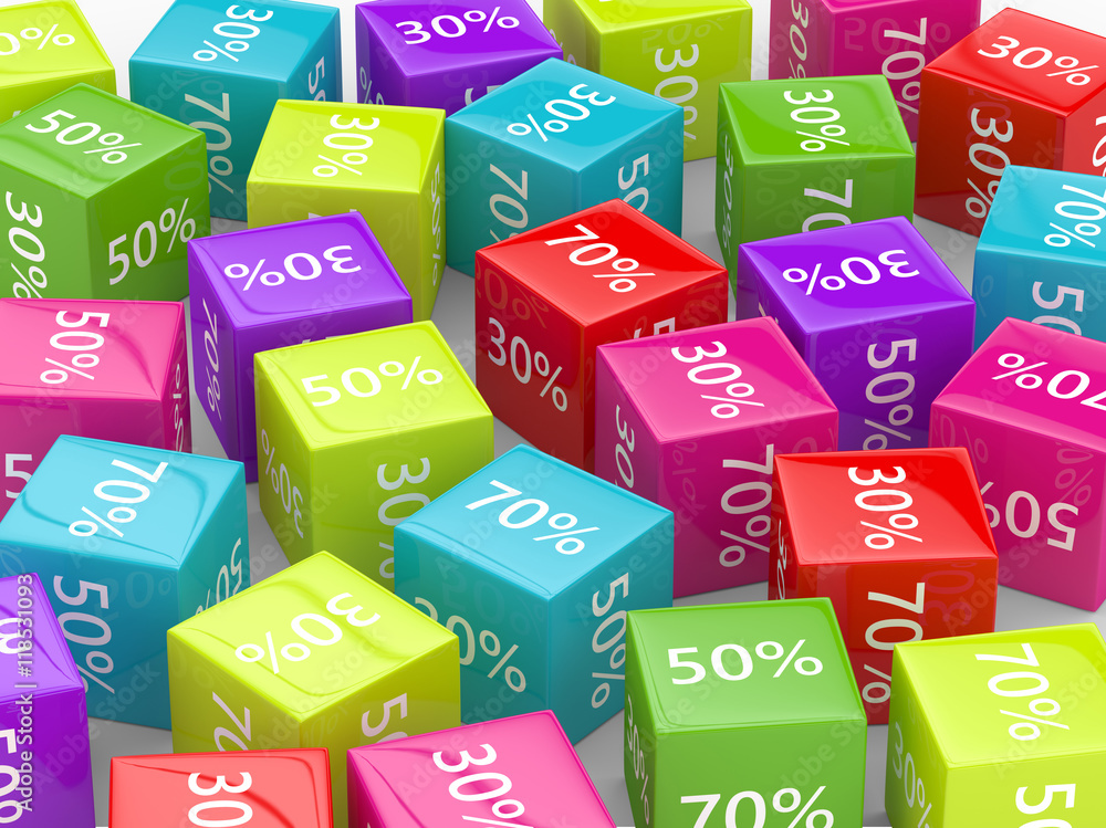 Poster 3d rendering of colorful cubes with discount sign