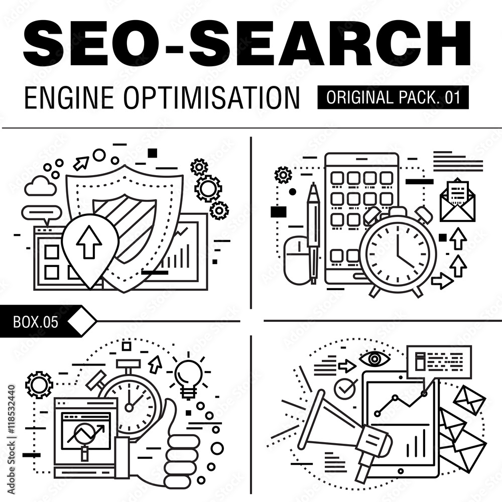 Poster modern seo development pack. thin line icons optimization technology. analytics internet collection 