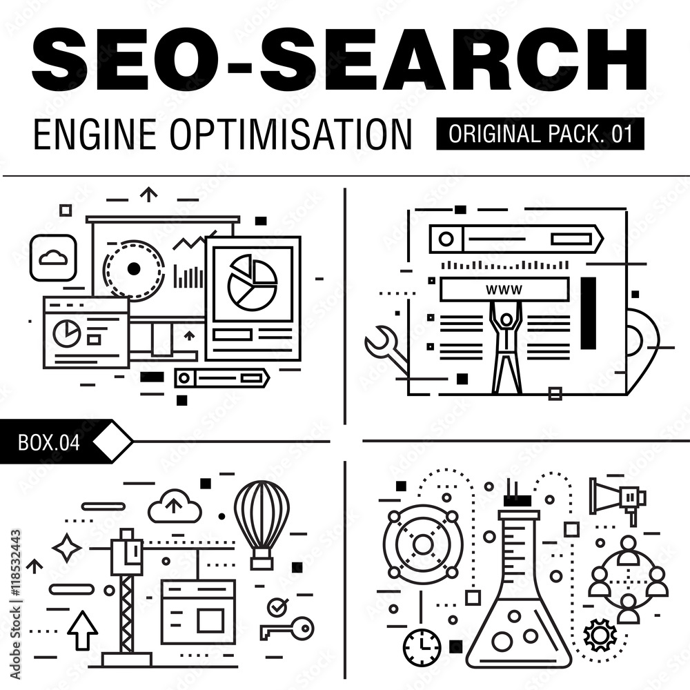 Poster modern seo development pack. thin line icons optimization technology. analytics internet collection 