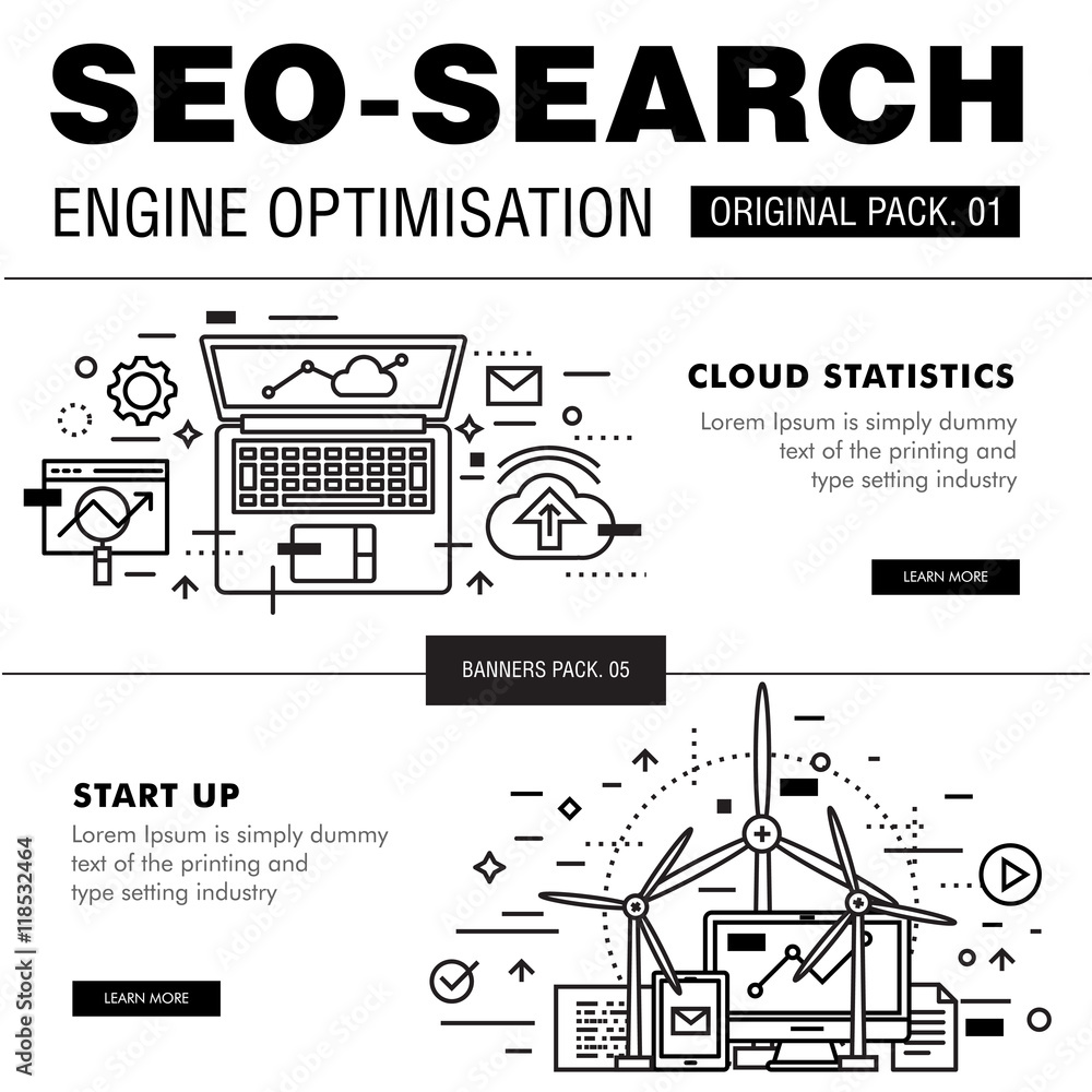 Poster modern seo development pack. thin line icons optimization technology. analytics internet collection 