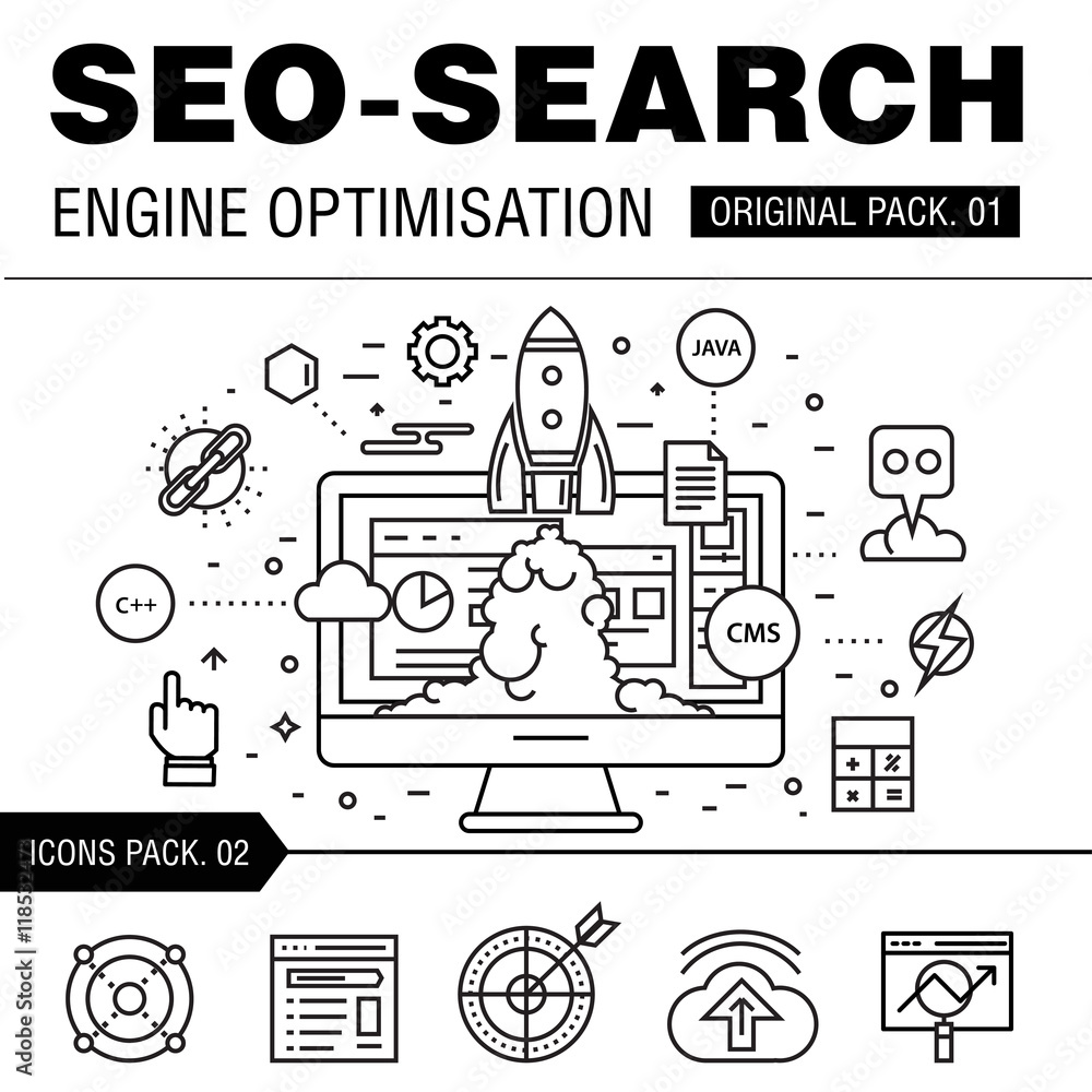 Poster modern seo development pack. thin line icons optimization technology. analytics internet collection 