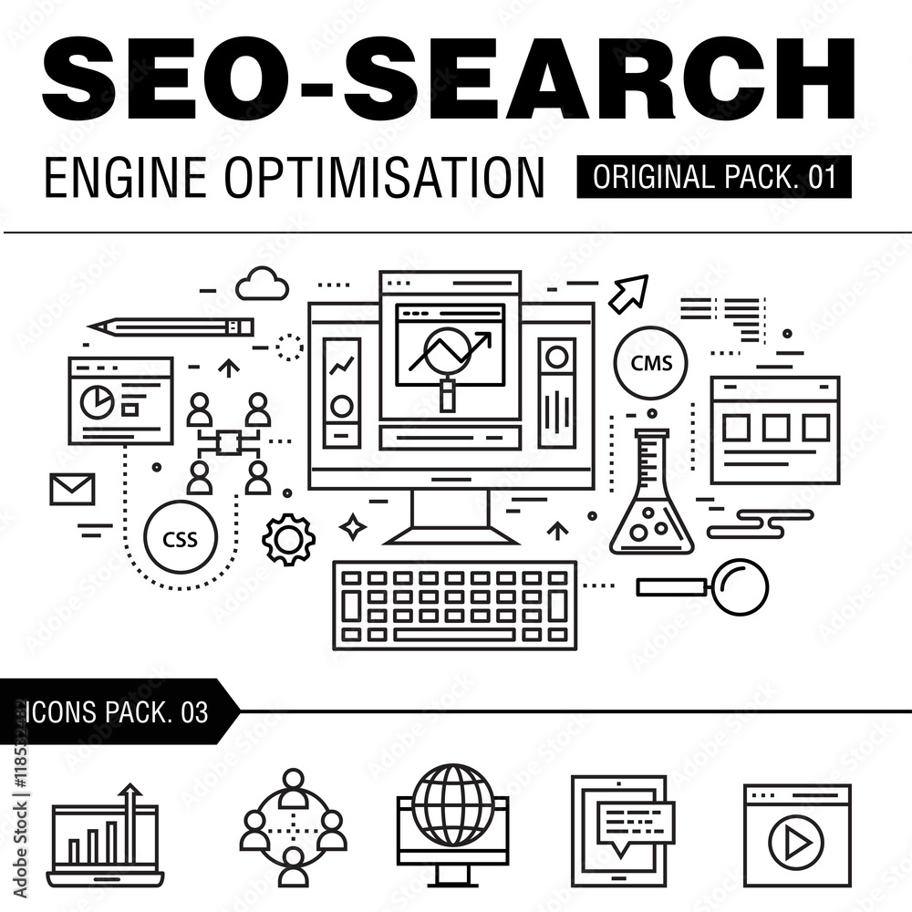 Poster modern seo development pack. thin line icons optimization technology. analytics internet collection 