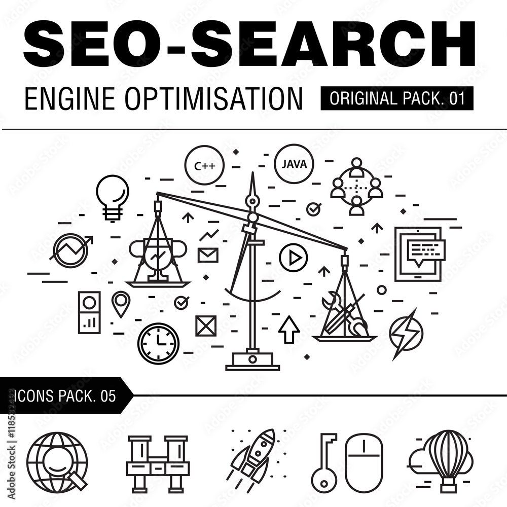 Poster modern seo development pack. thin line icons optimization technology. analytics internet collection 