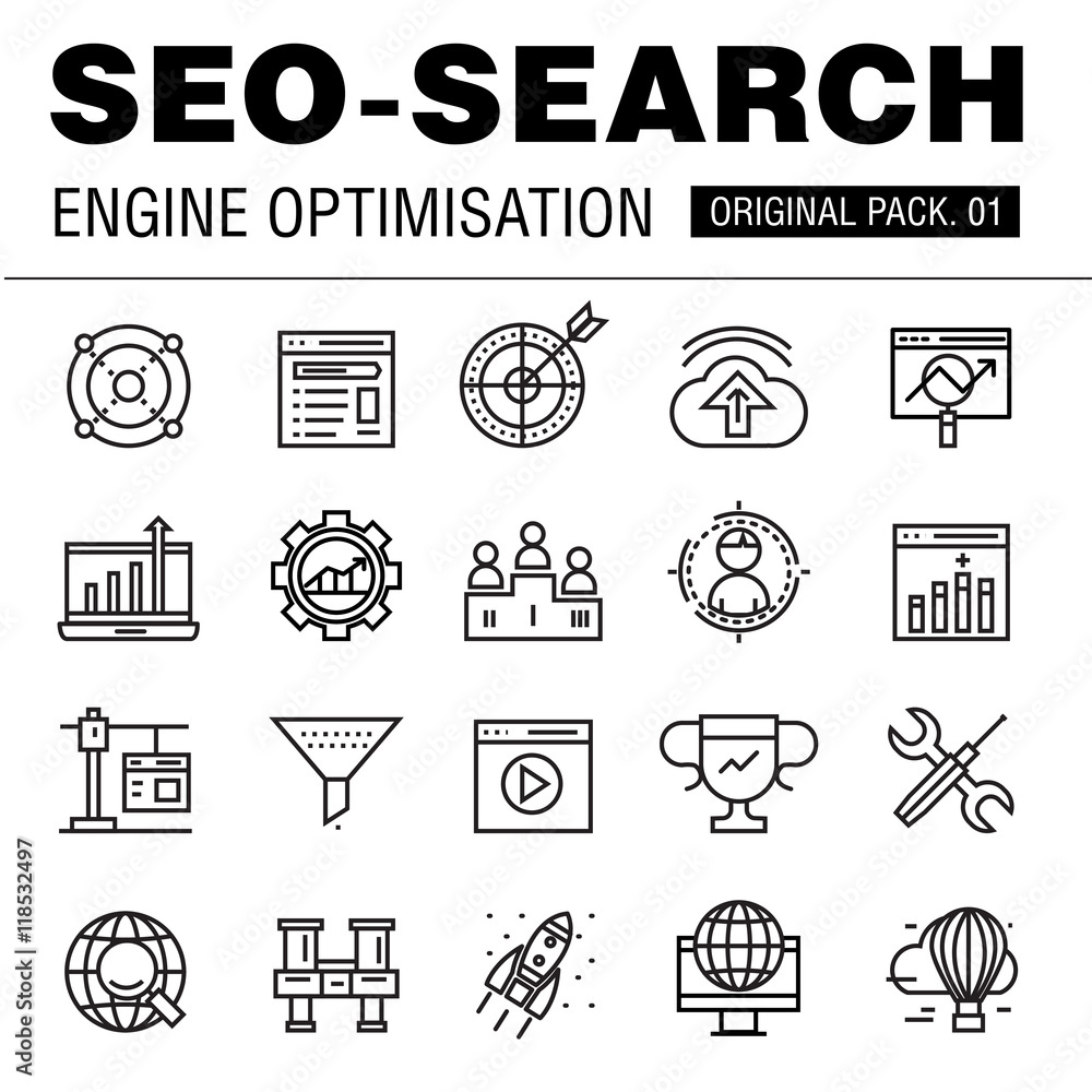 Poster modern seo development pack. thin line icons optimization technology. analytics internet collection 