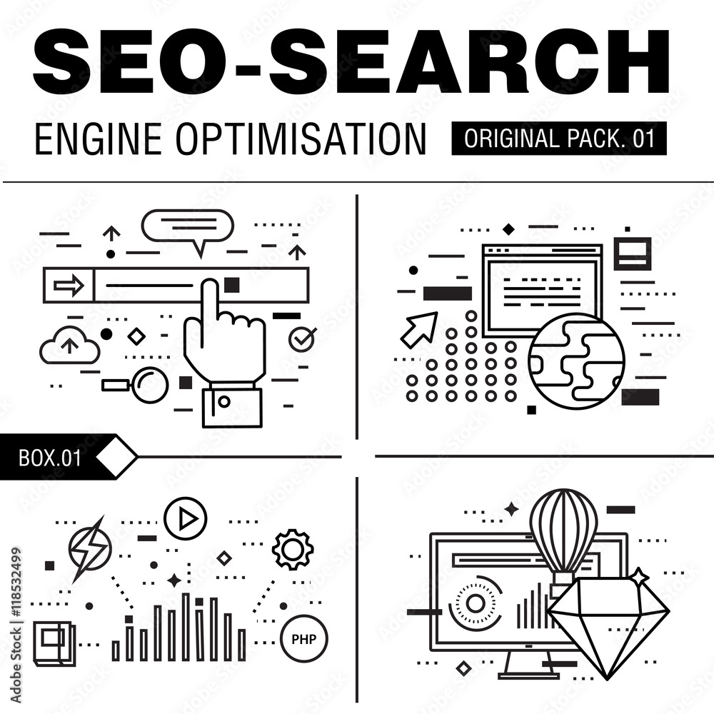 Poster modern seo development pack. thin line icons optimization technology. analytics internet collection 