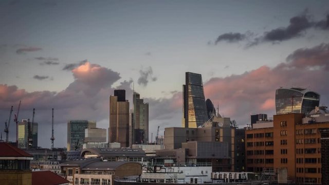 Evening timelapse of a skyline of City of London, England, UK