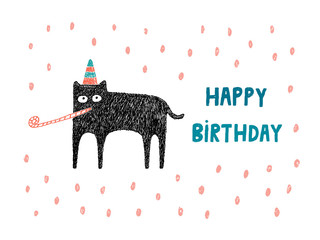 Happy Birthday card, Cat with hat and party blower, vector illus