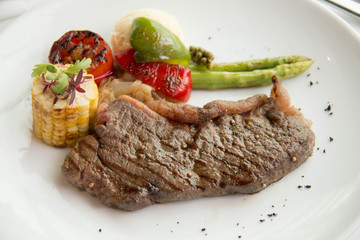  cooked rare sirloin steak  on a white plate