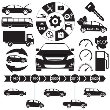 Car and auto service Infographics elements. Transportation black icons and symbols isolated on white background. Vector illustration.