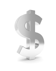 Isolated silver dollar sign on white background. American currency. Chrome silver economy symbol.  3D rendering.