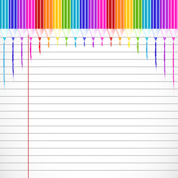 School notebook background with colorful pencils on top on page of copybook in line. Back to school. Teacher's day. Raster illustration