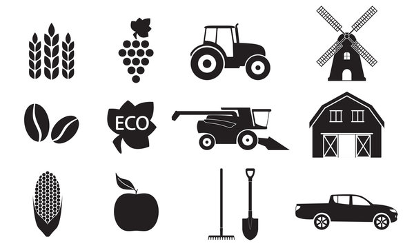 Agriculture and farming icon set. Black icons isolated on white background. Vector illustration.