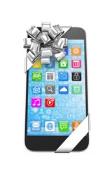 Black phone with silver bow and icons. 3D rendering.