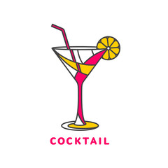 colorful abstract cocktail logo, vector illustration isolated on white background. Modern alcoholic beverage icon, cocktail glass symbol with straw and umbrella. Artistic vector cocktail logo