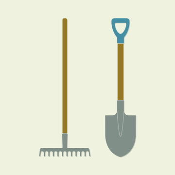 Shovel and rake. Colorful gardening tools. Flat design. Vector illustration.
